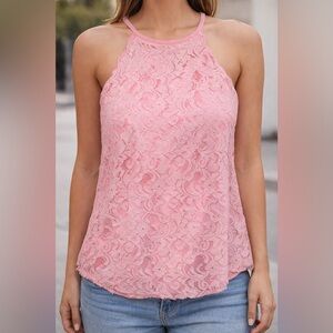 Sweet Wanderer Womens Tank Top Pink Floral Lace Lined High Scoop Neck S